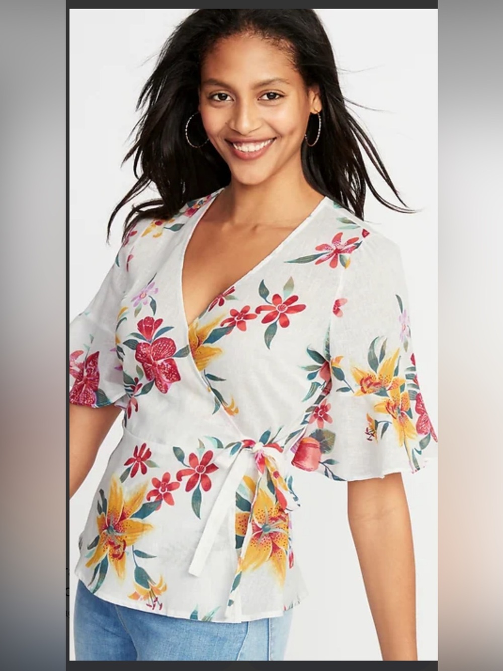 Old Navy White Floral Wrap Blouse with Red and Yellow Blooms
